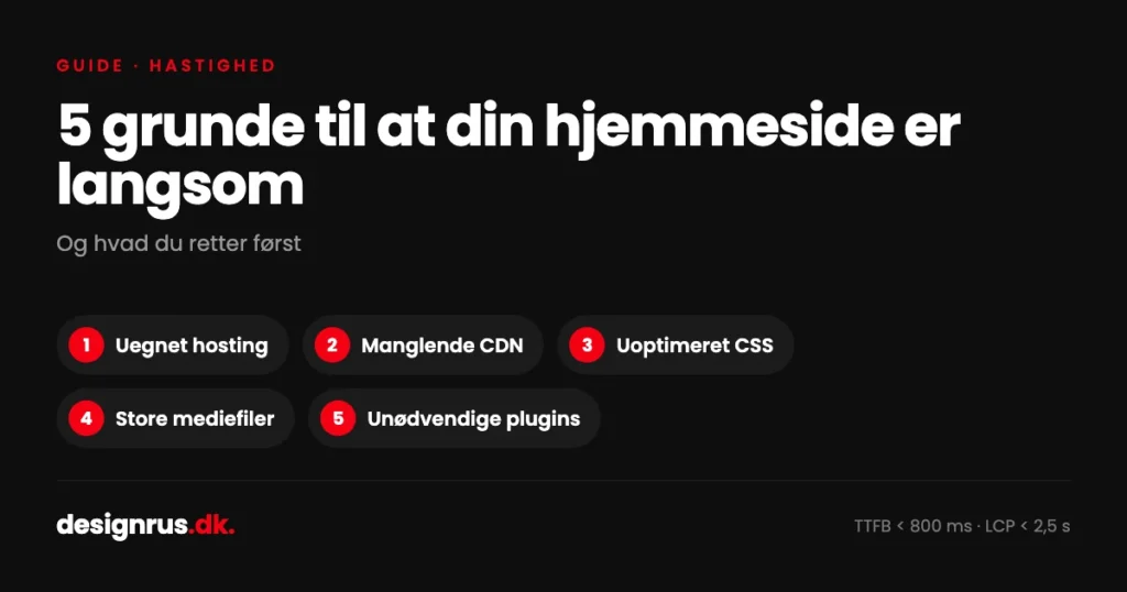 5 grunde til at din hjemmeside er langsom, med målene TTFB under 800 ms og LCP under 2,5 sekunder.